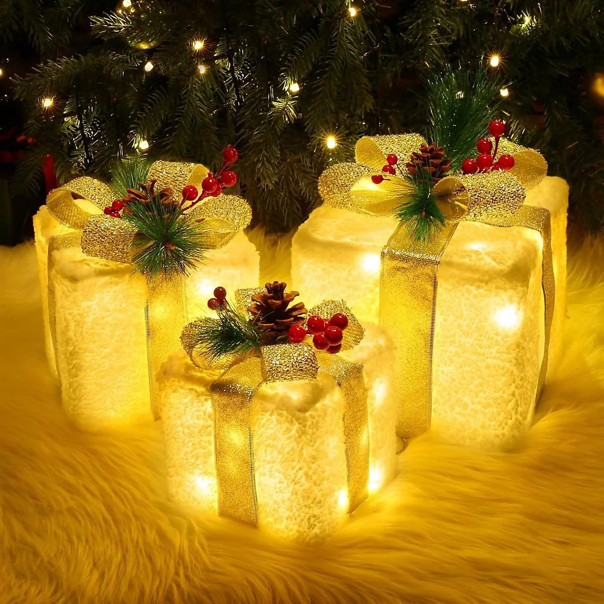 Light-Up Christmas Gift Boxes — Set of 3 (Indoor/Outdoor)